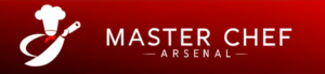 Mastercheh Arsenal logo, red background, kitchen knife and chef's hat