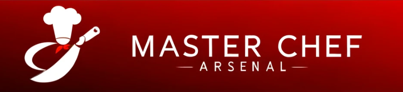 Mastercheh Arsenal logo, red background, kitchen knife and chef's hat