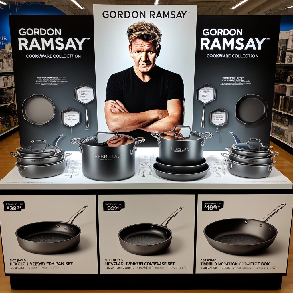 Gordon Ramsay's HexClad cookware collection. The image showcases the HexClad Hybrid Nonstick 6-Piece Fry Pan Set, the 12-Piece Cookware Set, the 10-Quart Stockpot, and the 14-Inch Wok with Tempered Glass Lid on a kitchen countertop. You can see the unique hexagonal design, tri-ply construction, and ergonomic handles, along with the sleek stainless steel appearance. Gordon Ramsay is in the middle.